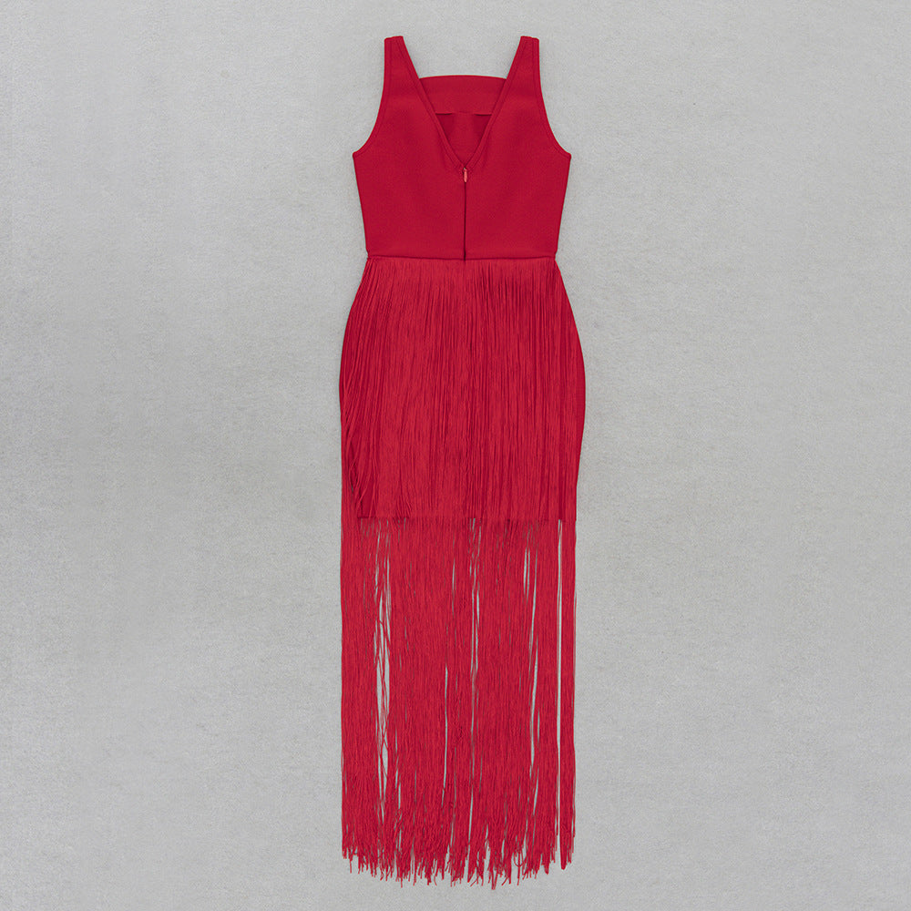Hollowed-Out Tassel Mid-Back Dress