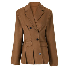 Brown Panelled Double Breasted Pleated Blazer