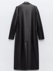 Pre Order:  Black Faux Leather Single-Breasted Turn-Down-Collar Trench Coat