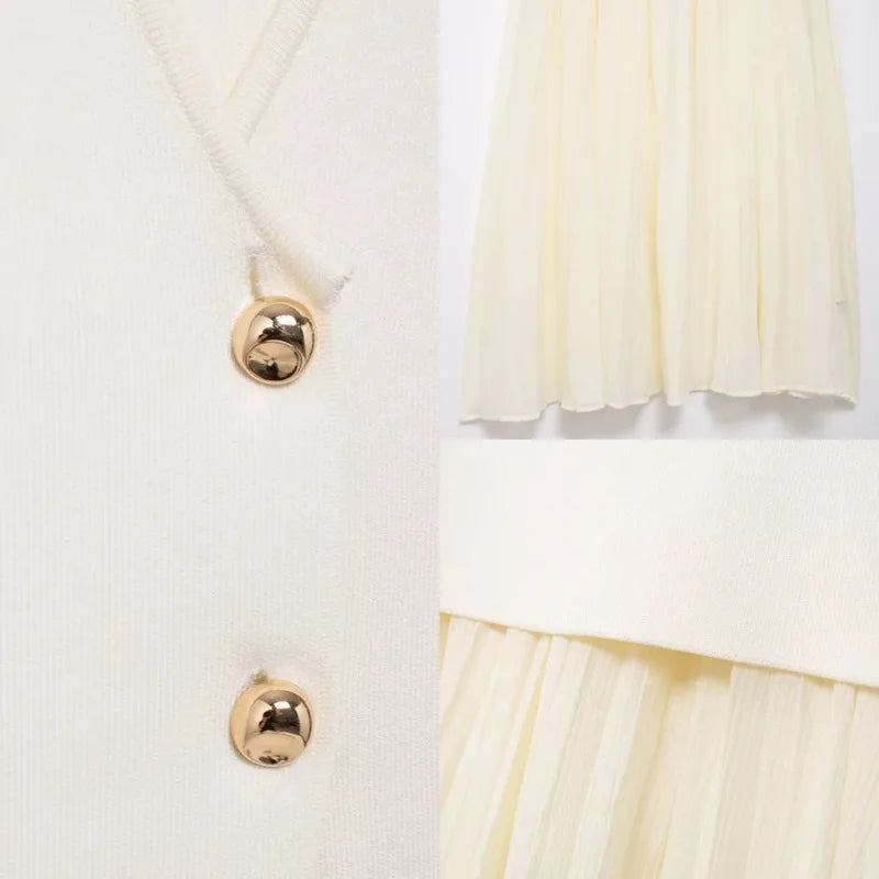 Gold Button Knitted Vest + Pleated Skirt