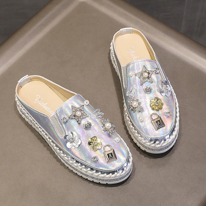 Thick-Soled Rhinestone Casual Slip On Round Toe Loafers