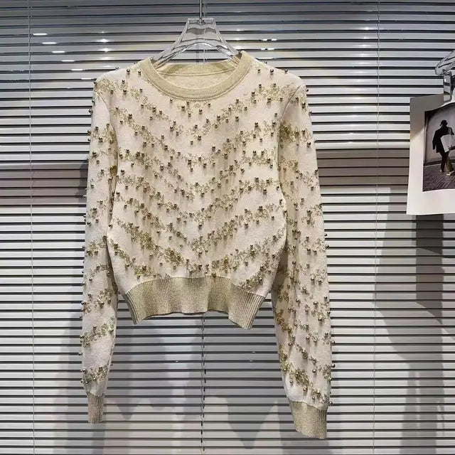 Floral Embellished Striped Knit Sweater