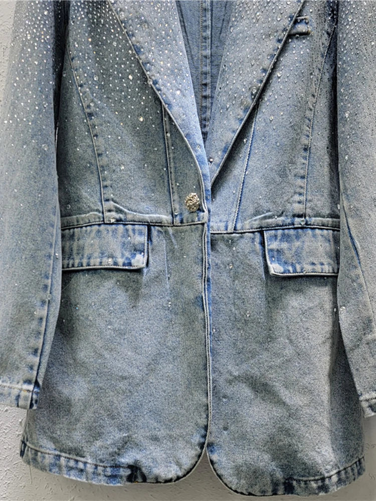 Vintage Diamond Embellished Single Button Denim Blazer