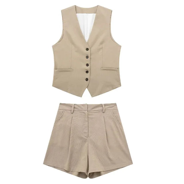 Solid Button Sleeveless Linen Vest + Shorts Set