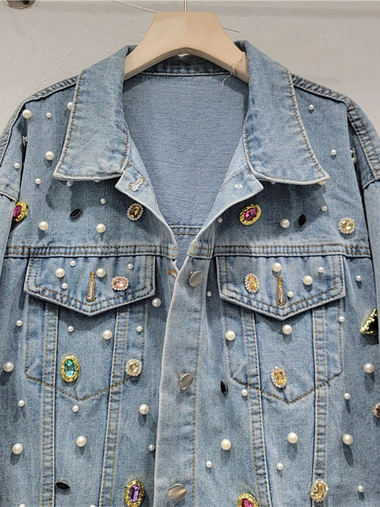 Colorful Crystal Single Breasted Pearl Denim Jacket