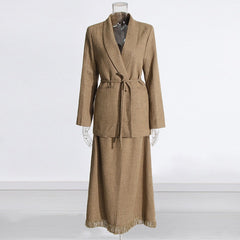 Solid Color Waist Suit Jacket + Tassel Skirt