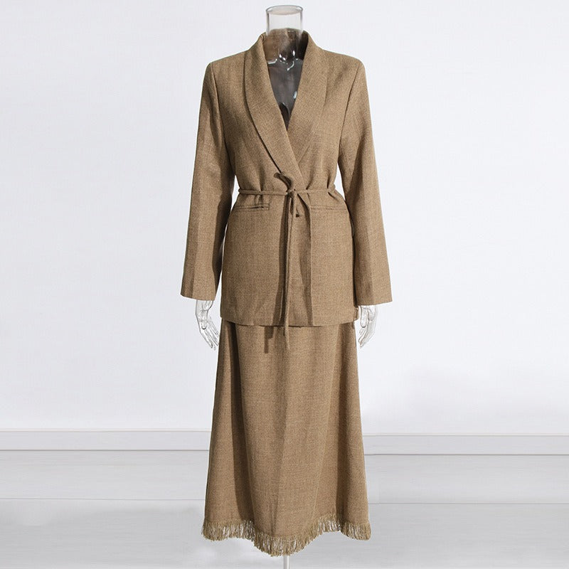 Solid Waist Suit Jacket + Tassel Skirt