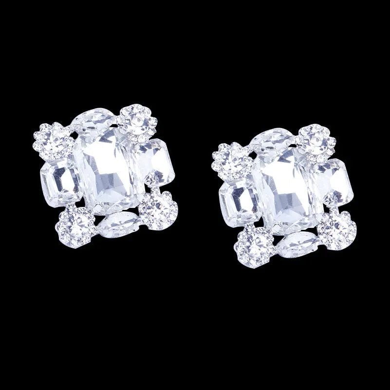 Chunky Square Crystal Rhinestone Clip Earrings