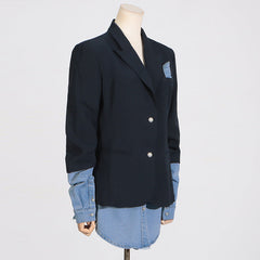 Spliced Denim Long Sleeved Black Blazer