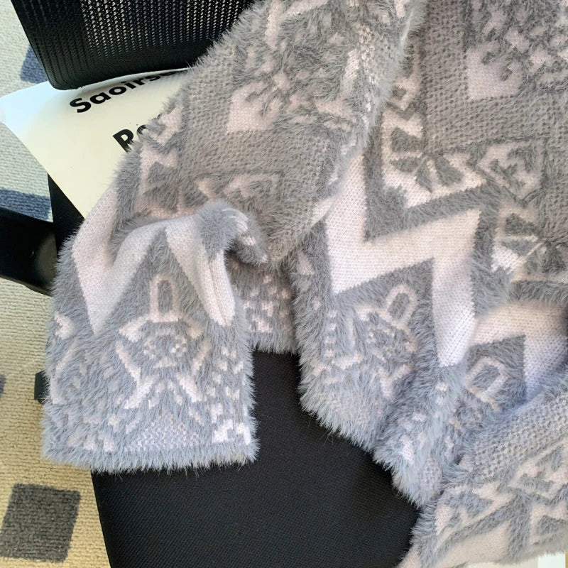 Vintage Jacquard Faux Mink Loose Knit Sweater