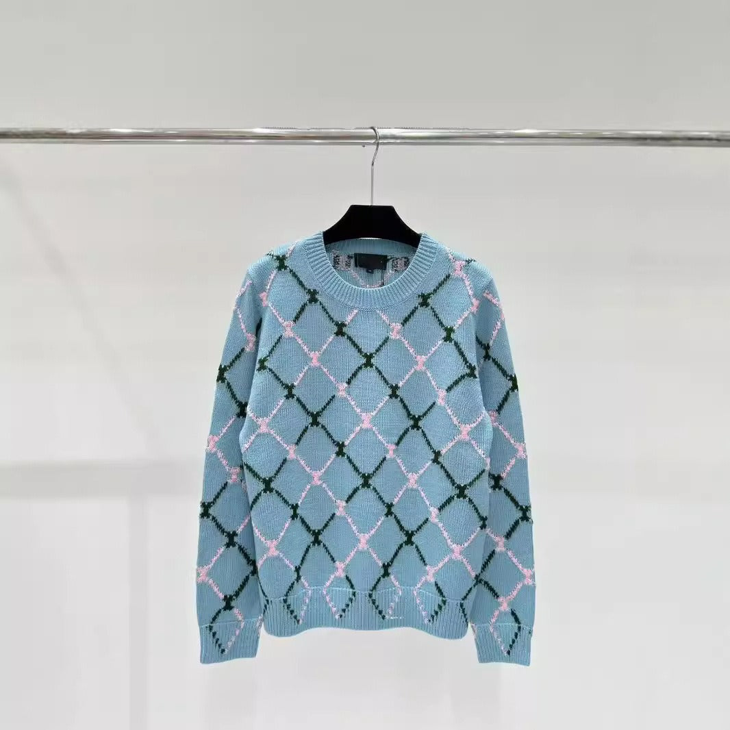 Diamond Grid Jacquard Round Neck Knitted Sweater