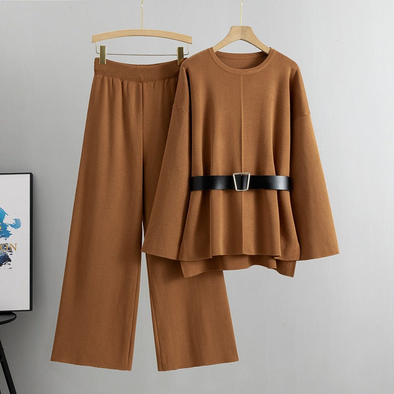 Knitted Loose Belted Sweater + Wide Leg Pants Set