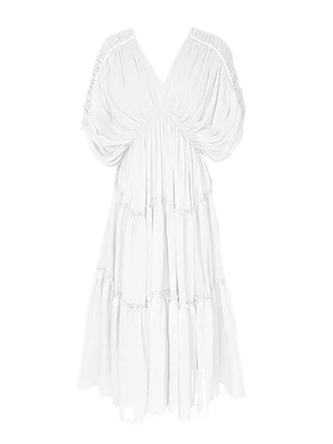 Pleated Batwing Sleeves Midi Dress