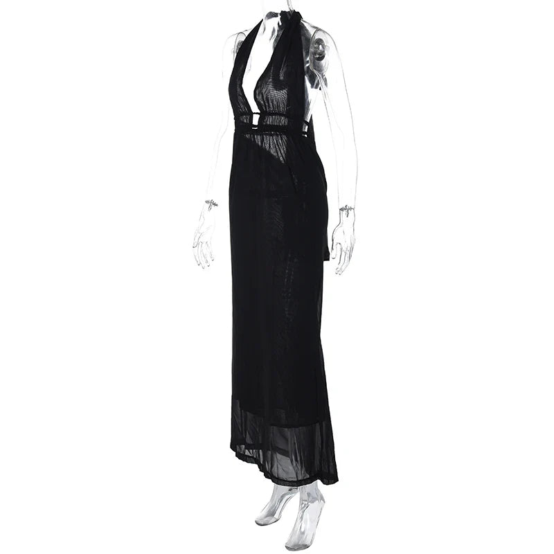 Patchwork V-Neck Backless Lace Up Maxi Dress