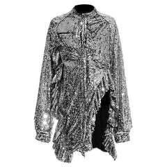 Shiny Sequined Ruffle Edge Long Sleeve Blouse