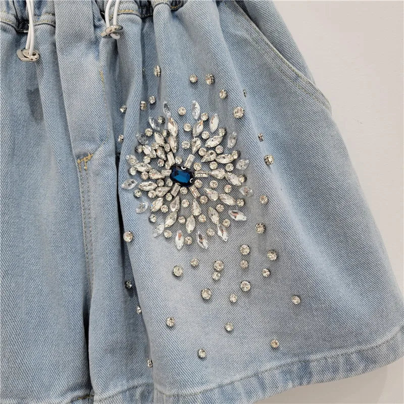 Diamond Elastic Waist Drawstring Denim Shorts