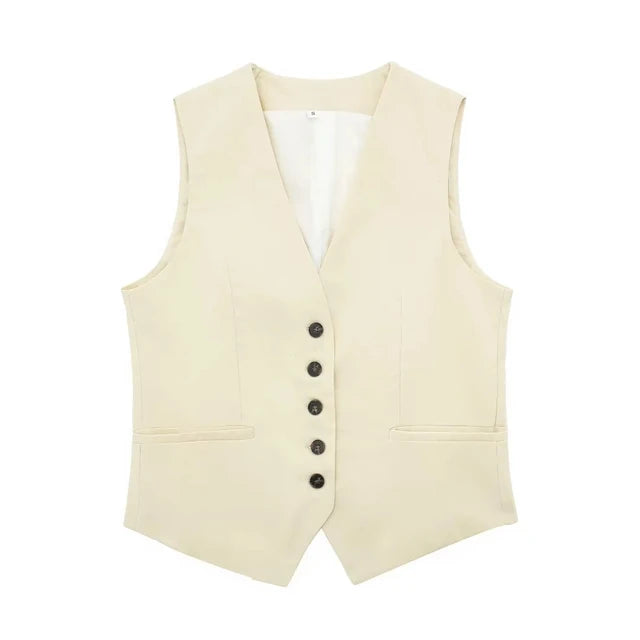 Solid Button Sleeveless Linen Vest + Shorts Set