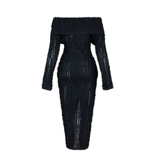 Off-Shoulder Pleated Ruffle Maxi Dress