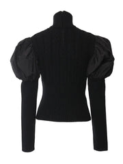 Spliced Bubble Sleeve Turtleneck Slim Knitted Top