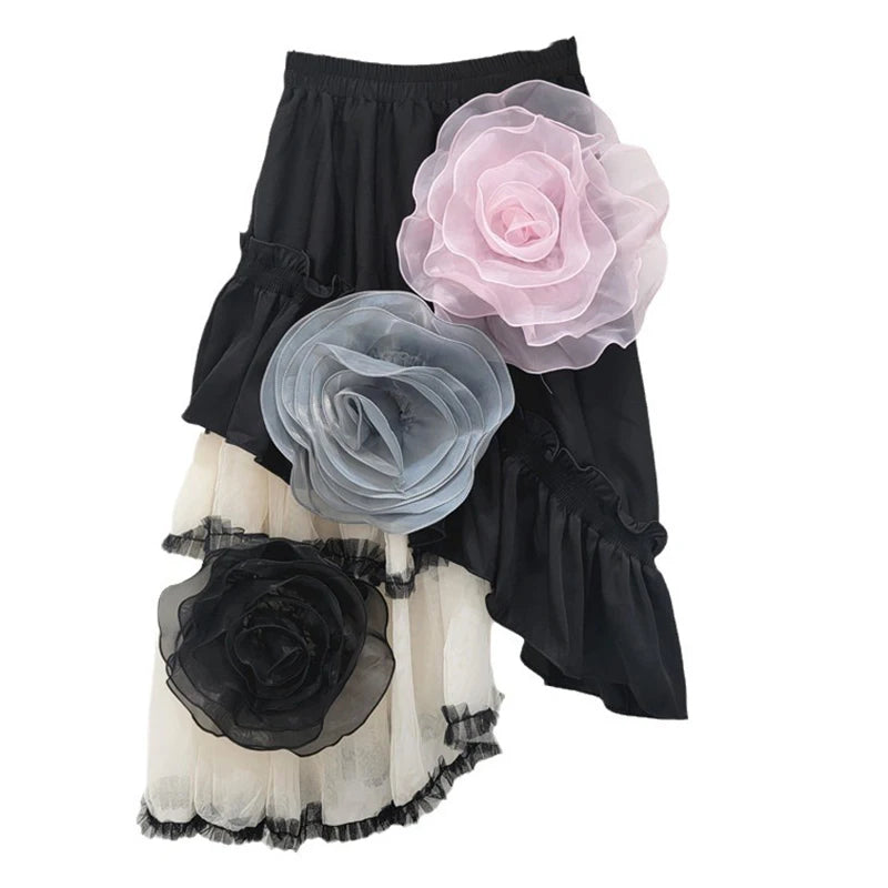 Mesh Patchwork High Elastic Waist Flowers A-Line Skirt