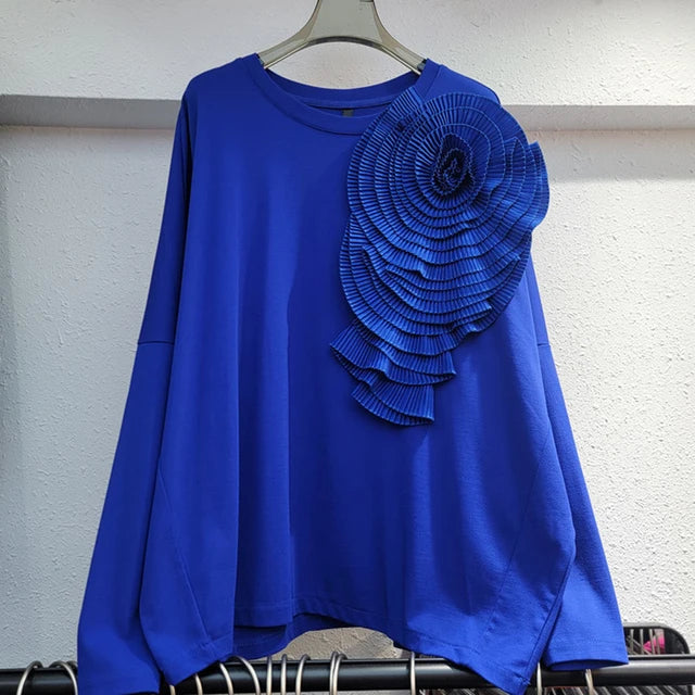Pleated 3D Flower Loose Casual Round Neck Top