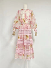 Round Neck Lantern Sleeve Top + Elastic Waist Maxi Skirt