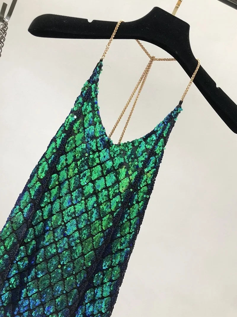 Green Sequined Chain Strap Dress