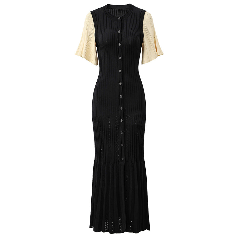 Color Block Short Sleeve Button-Up Long Dress