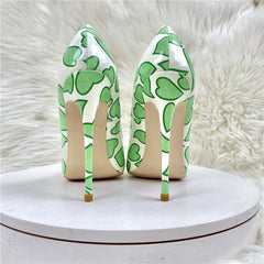 Green Heart Patent Leather Pointed-Toe Shoes