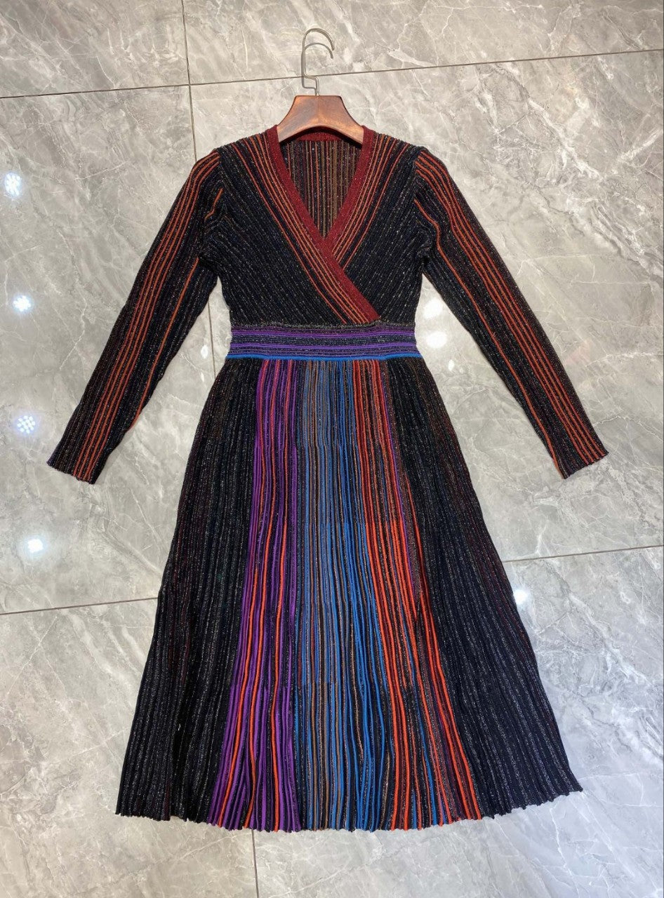 Metal Stripes V-Neck Knitted dress