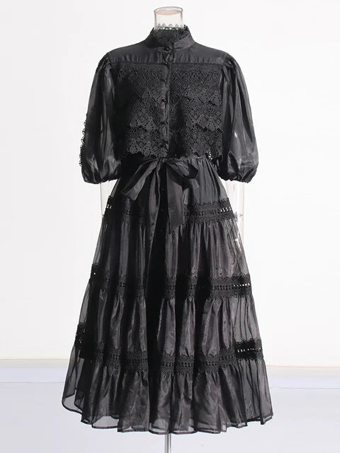 Solid Embroidery High Waist Spliced Lace Up Dress