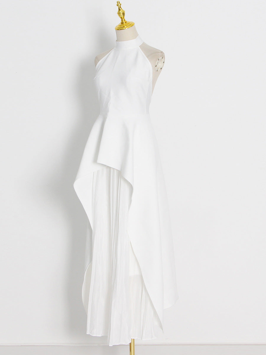 Halter Neck Sleeveless Irregular Top + Pleated Skirt Set