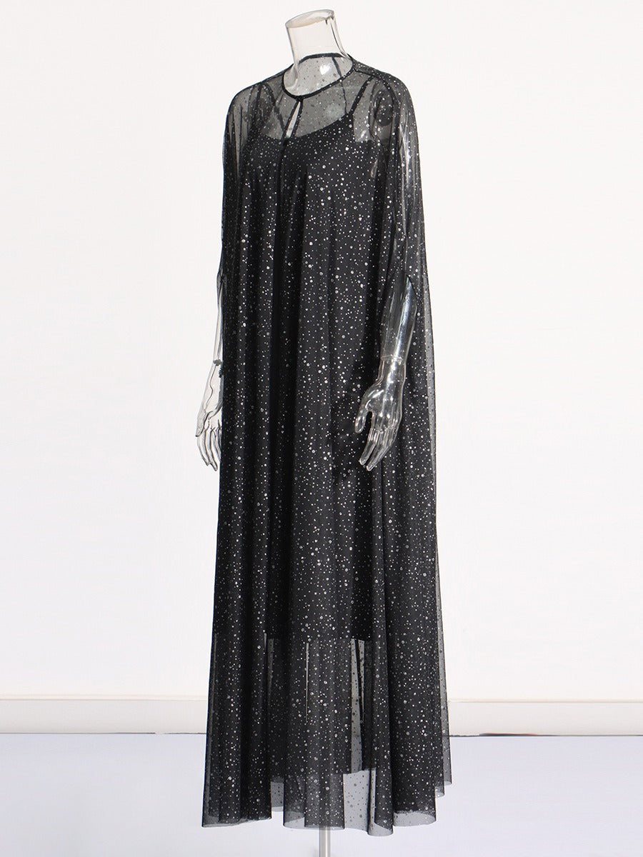 Diamond Mesh Cloak + Black Satin Dress Set