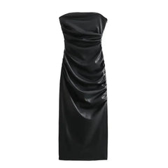 Ruched Faux Leather Sleeveless Dress