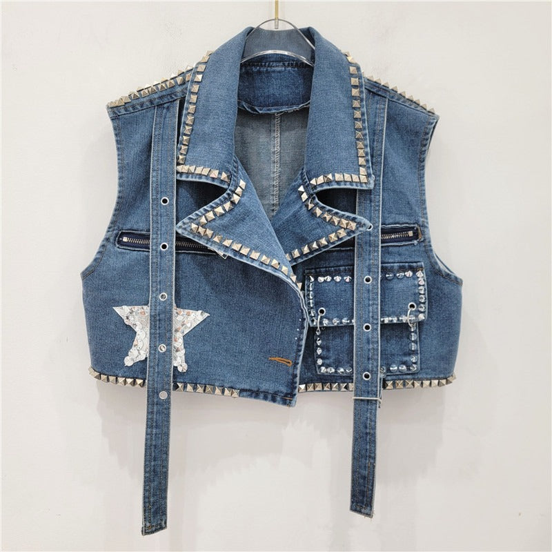 Rivet Studded Five Pointed Star Denim Vest