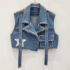 Rivet Studded Five Pointed Star Denim Vest