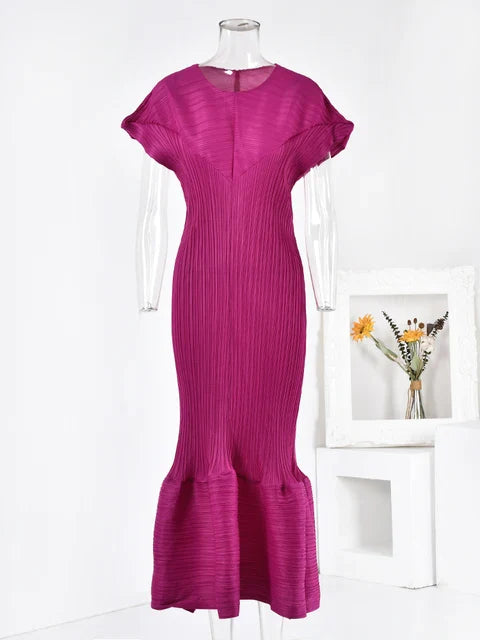 Pleated Short Sleeves Ruffle Dress