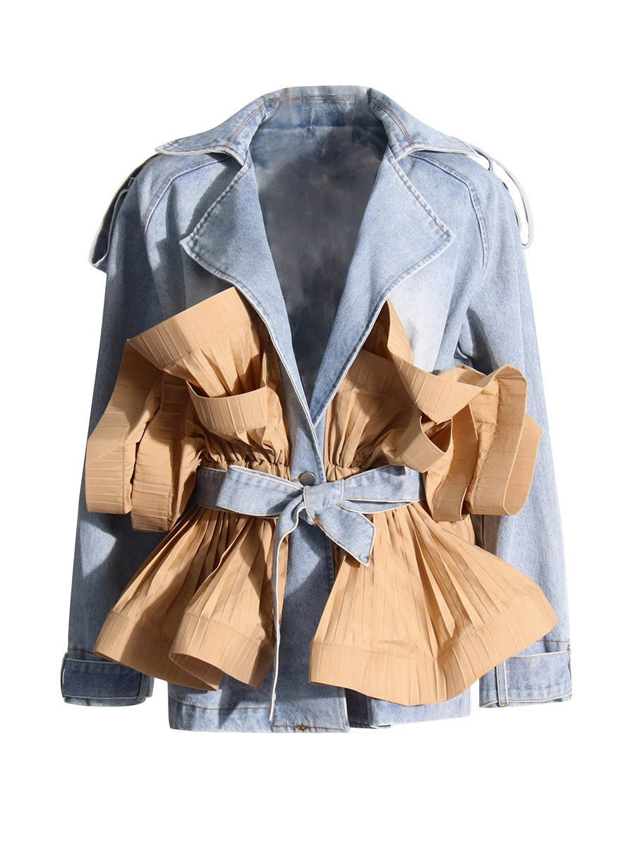 Color Block Spliced Belt Ruffled Edge Denim Jacket