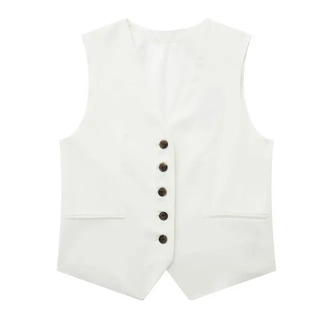 Solid Button Sleeveless Linen Vest + Shorts Set