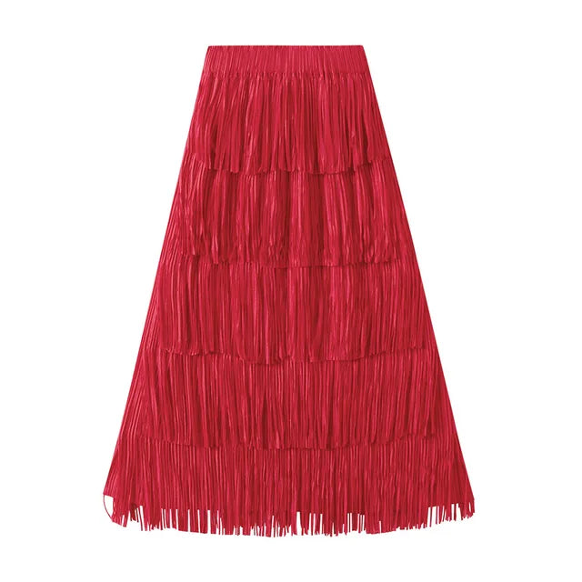 Fringe Stretch Waist Pleated Skirt