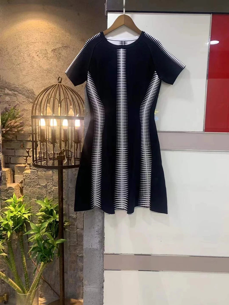 Short Sleeves Striped Cocktail Dress