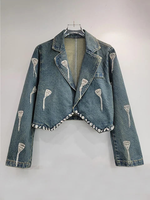 Embroidered Diamond Tassel Short Denim Jacket