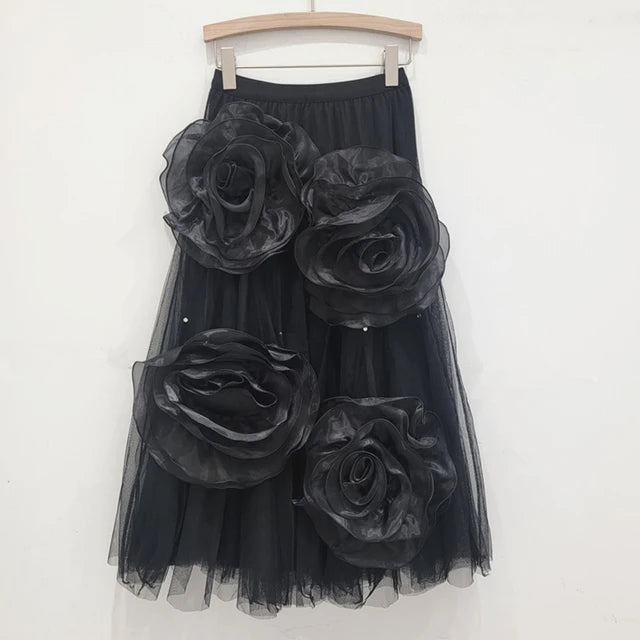 Mesh Handmade 3D Flower High Elastic Waist Skirt