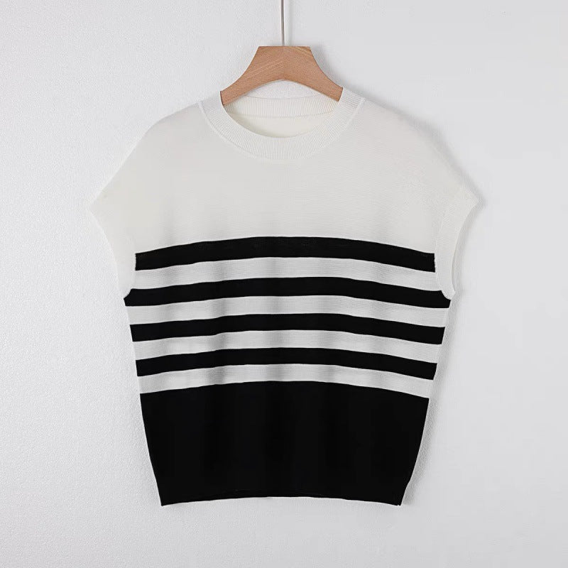 Striped Knitted Round Neck Short Sleeve Loose Top