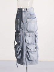 Denim Patchwork Pockets Back-Slit Skirt