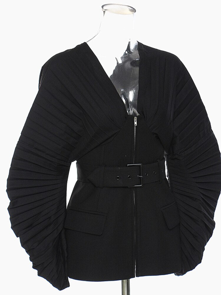 Pre Order:  Black Pleated Belted Blazer