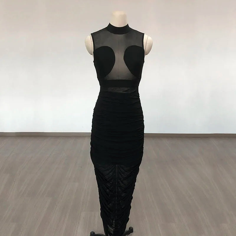 Pre Order:  Black Mesh Patchwork Pleated Stretch Bandage Dress