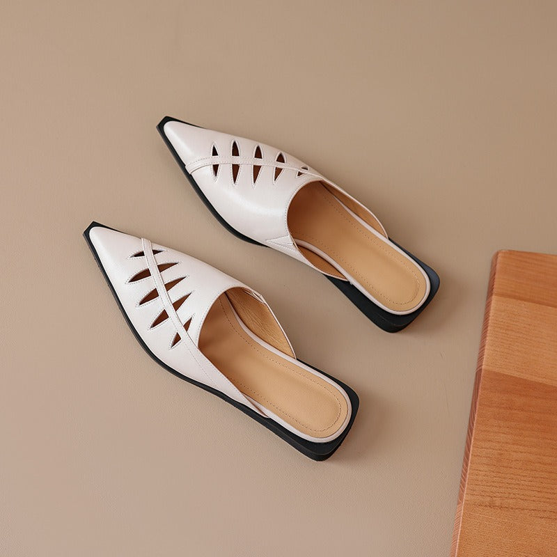 Cowhide Hollow Pointy Low Heel Mule Shoes