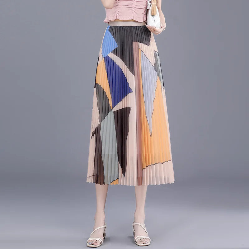 Elegant Printed Pleated Mesh Skirt