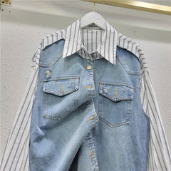 Denim Patchwork Striped Long Sleeved Shirt